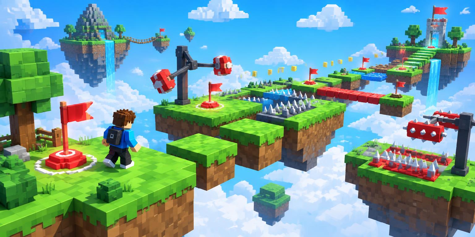 Illustrated floating-island obstacle course with checkpoints